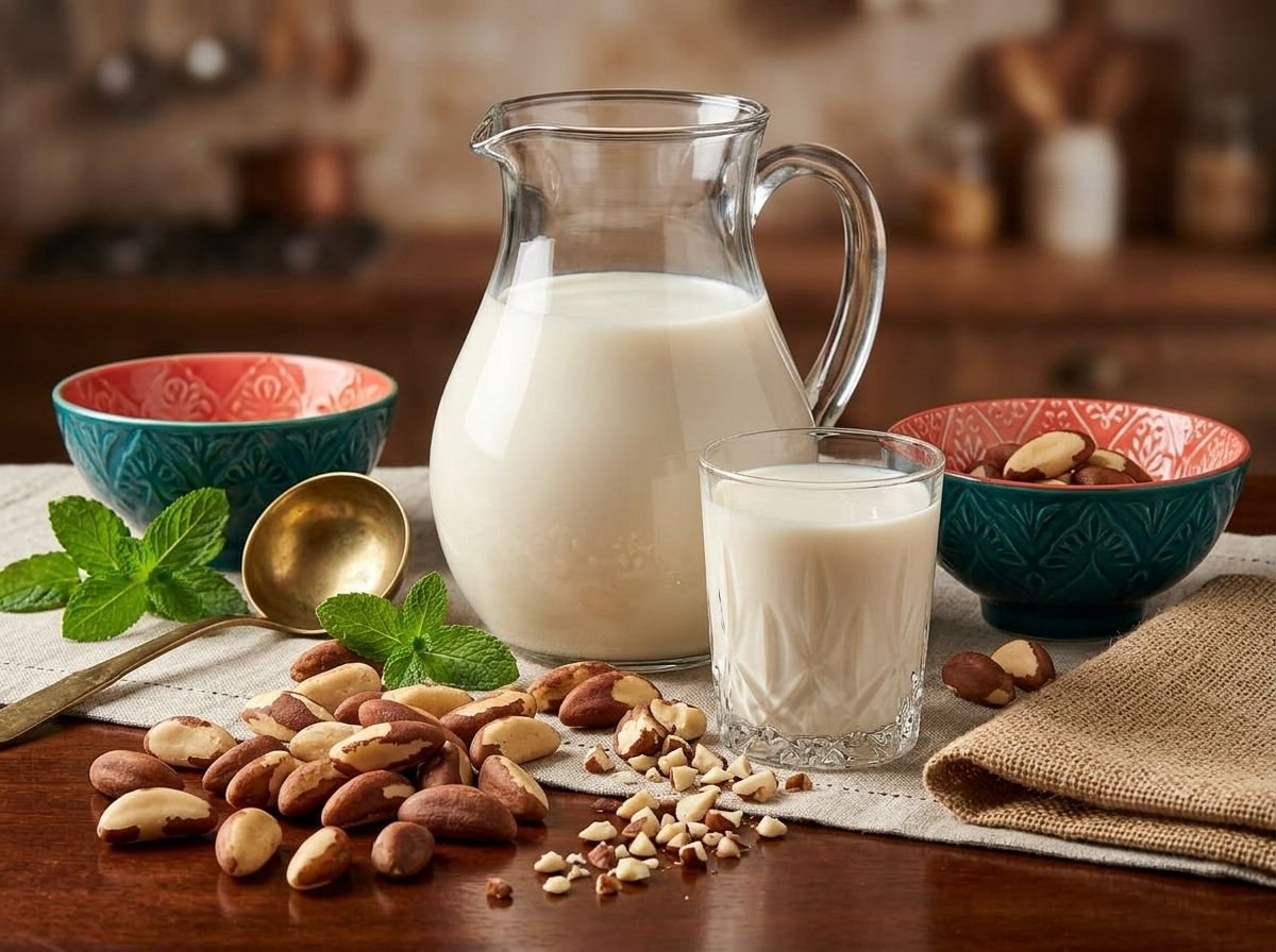 Jarra y vaso de leche de castañas de Brasil junto a cuencos de cerámica con las nueces enteras y picadas