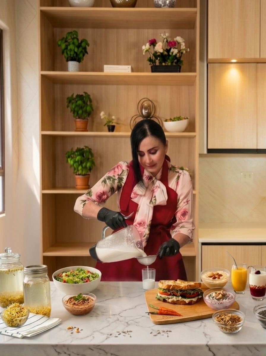 Loretta Guereca colando leche vegetal en su cocina, con frascos de germinados, ensalada, hummus y batidos sobre la mesa